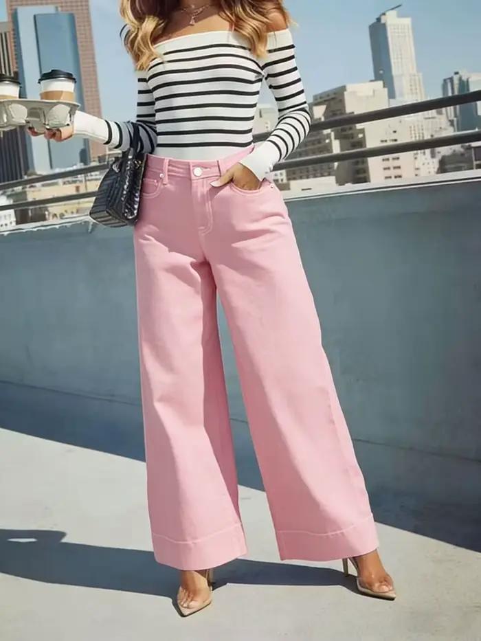 Jean rose taille haute à jambes larges