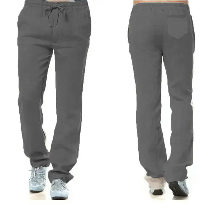 Pantalon en coton et lin pour homme, respirant, couleur unie, Fitness, Streetwear, dos avec poche, n