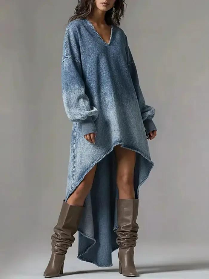 Robe en jean ample pour femme, col en V sexy, manches lanternes, ourlet irrégulier asymétrique, robe