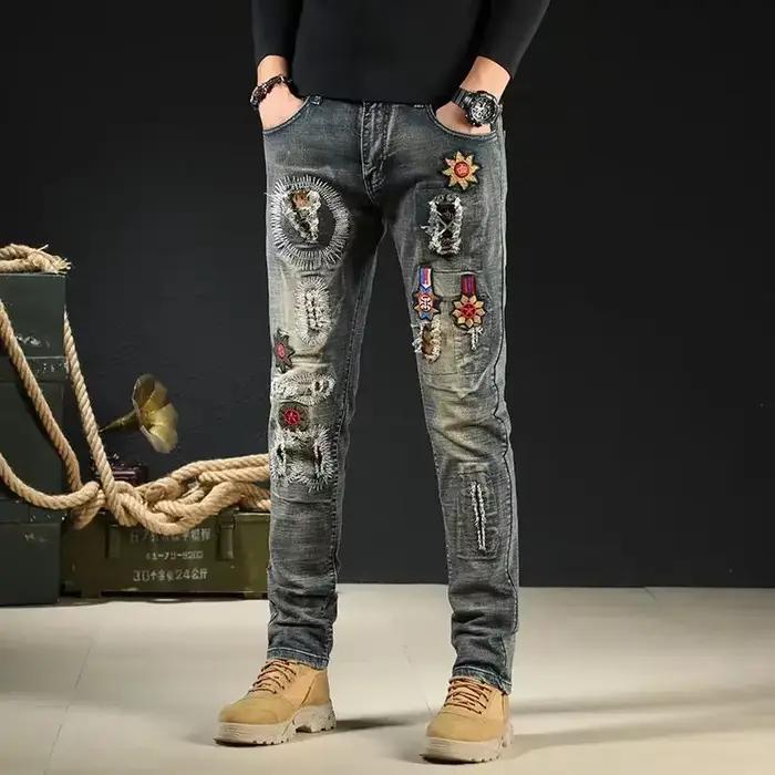 Jeans de moto brodés pour hommes, pantalons de cow-boy masculins, streetwear Y2K lavé, vêtements Kpo