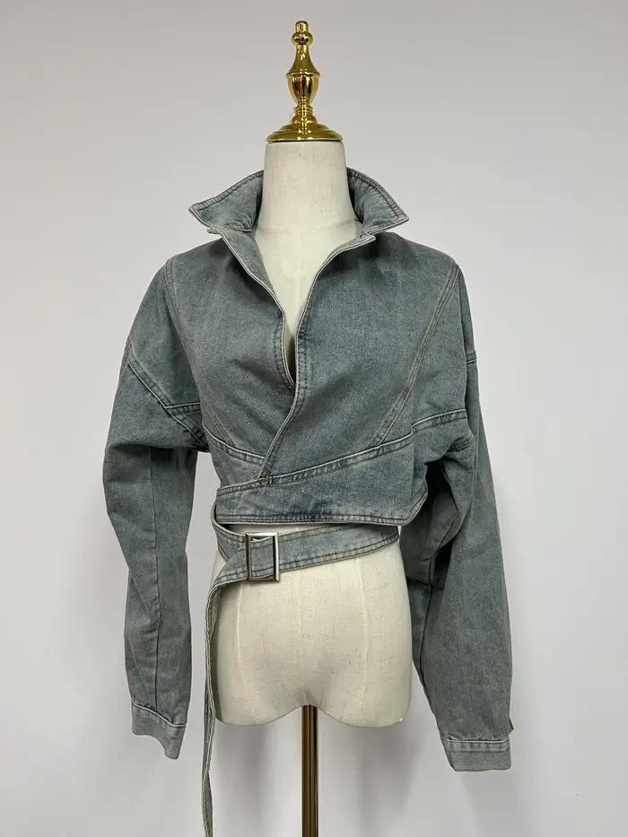 Veste en jean rétro délavée pour femme, pulls au design unique, haut combiné court en denim, rue hau