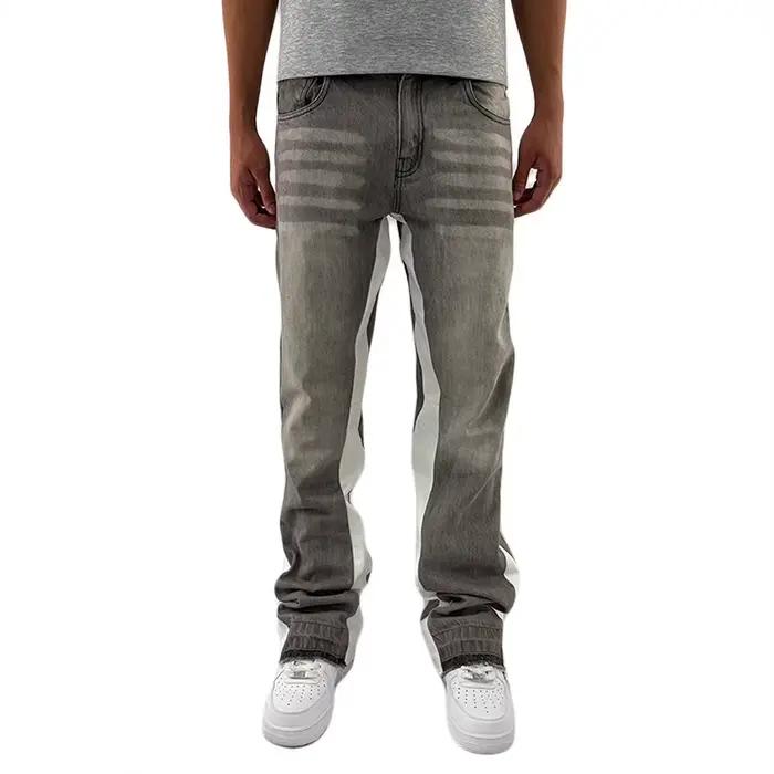 Jeans gris micro-évasés lavés avec surpiqûres, unisexes, peuvent être portés en pantalon long ou en