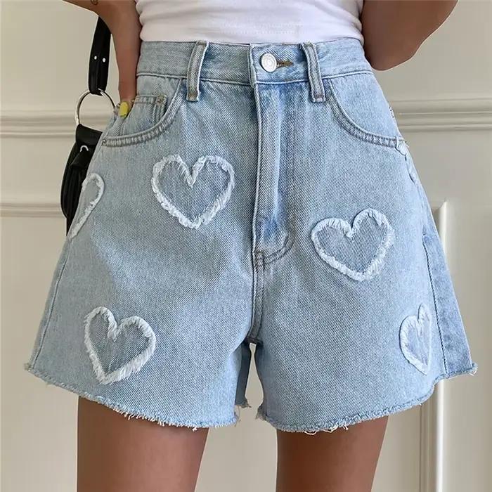 REALEFT taille haute lavé amour imprimé femmes Denim Shorts 2024 nouveau printemps été Jeans décontr