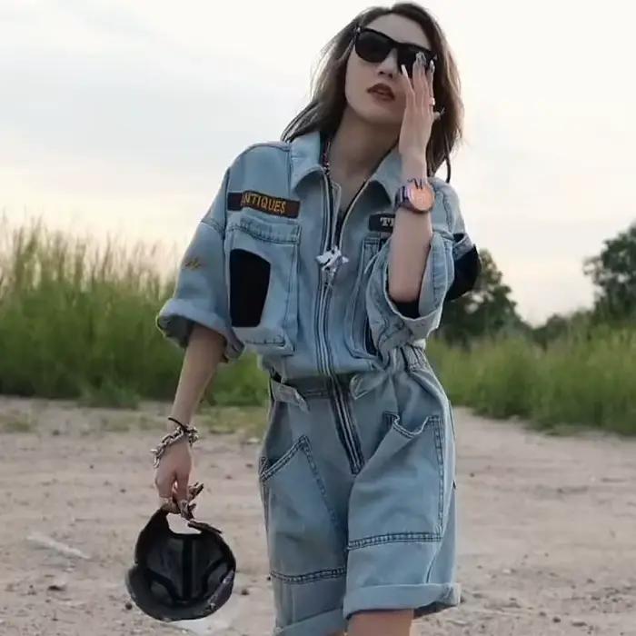 Combinaison en jean brodée pour femmes, short, col Polo, surdimensionné, Style BF, vêtements de trav