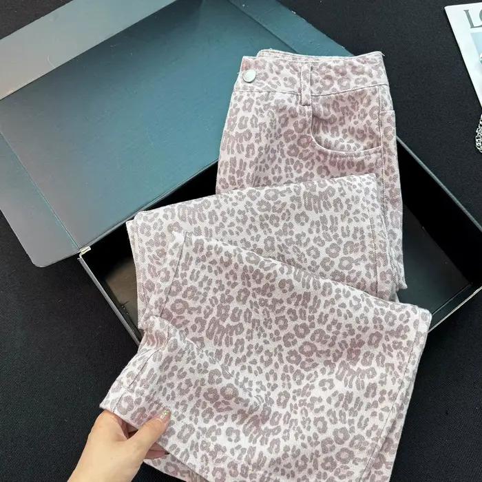 Jean ample et long pour femme, style américain, rose imprimé léopard, délavé, vintage, décontracté,