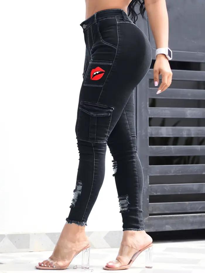 Jean élastique bleu pour femme, pantalon multi-poches, salopette sexy, imprimé rouge à lèvres