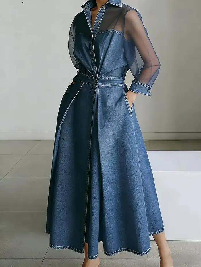 Robe trapèze en jean streetwear pour femme, vêtement d'été, avec manches longues en tulle transparen