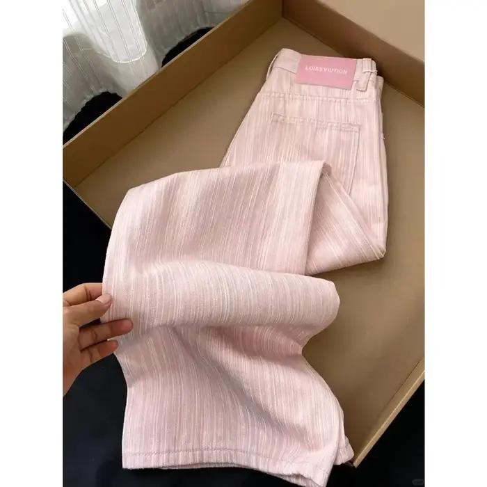 Jean large rayé rose pour femme, nouvelle collection été 2026, taille haute, coupe droite ample, flu