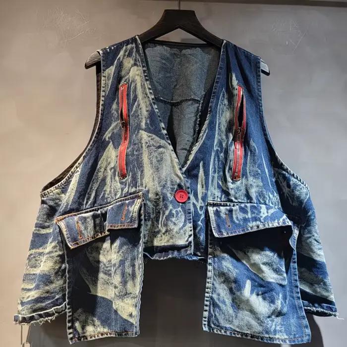 DEAT mode Vintage bavures bords trous multi-poches Denim gilet pour femmes taille haute élastique ja