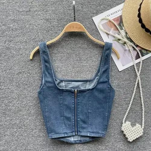 Débardeur en Denim à Fermeture Éclair pour Femme, Corset à Col Carré, Crop Précieux, Mode Coréenne