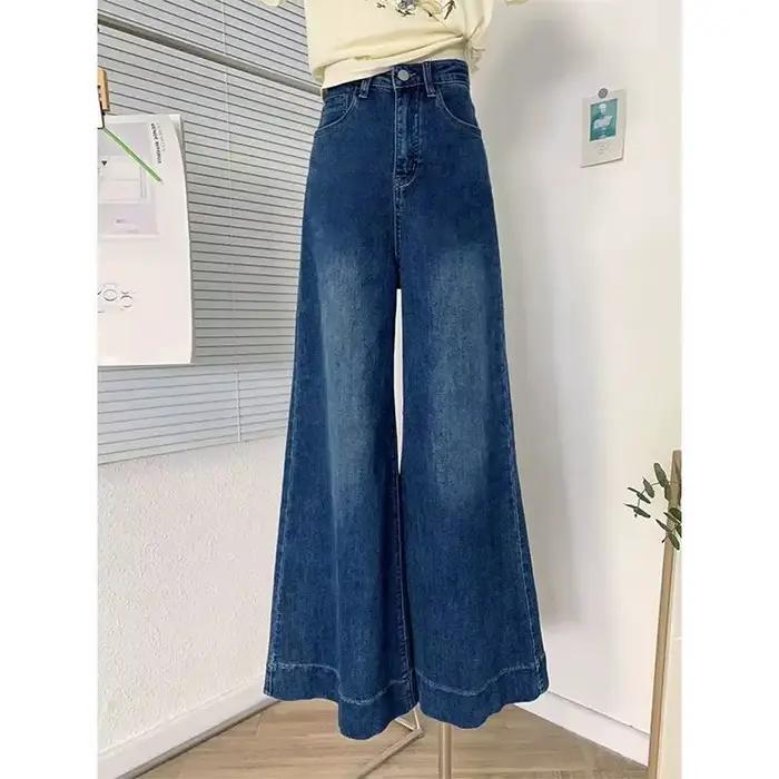 Jean rétro bleu polyvalent à jambes larges, élastique, taille haute, pantalon drapé pour femmes, eff