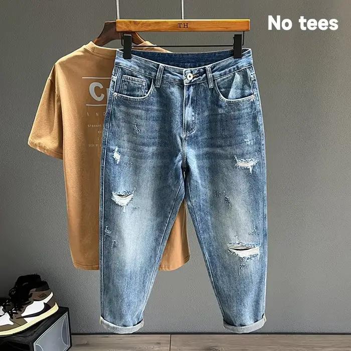 Jean Déchiré à Trous Coniques pour Homme, Denim Effiloché, Vintage, Décontracté, Bleu, Nouvelle Coll