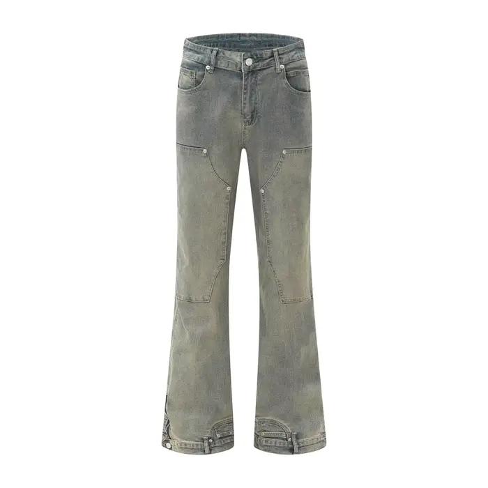 Pantalon évasé en denim à double genou pour homme, jean rétro High Street, poche adt, jean de charpe