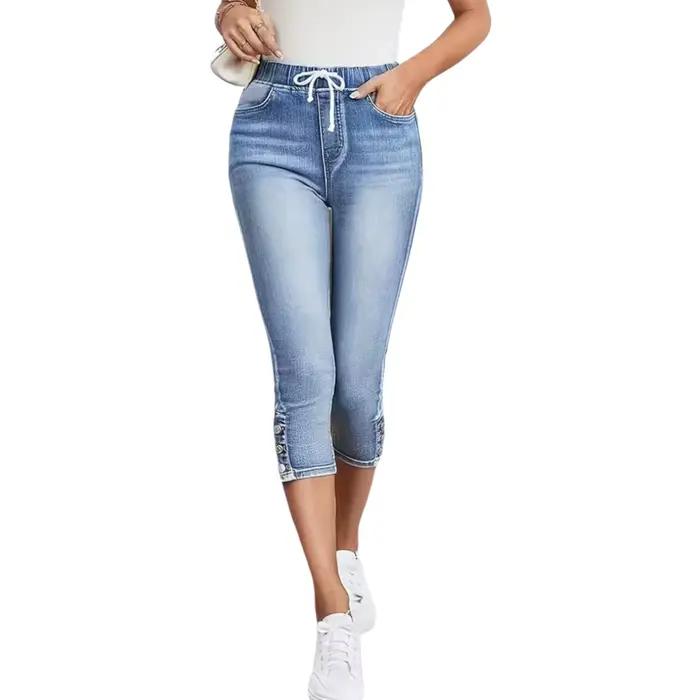 Nouveau Jean Capri Femme Été Style Européen et Américain Taille Élastique Coupe Ajustée en Denim Rét