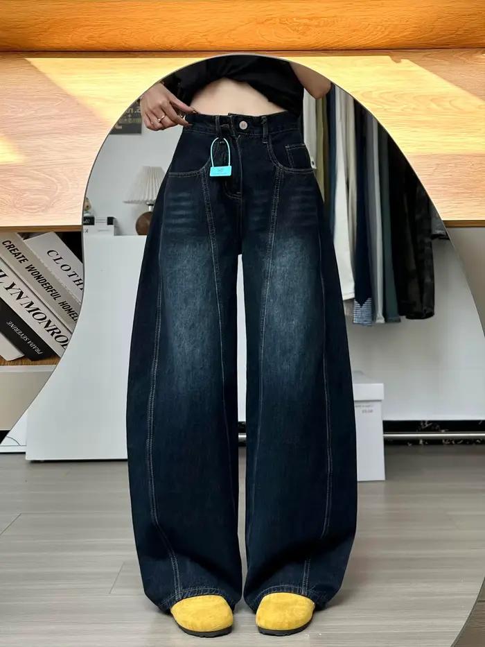 Jean en denim bleu rétro pour femme, coupe ample, jambe large, taille haute, avec lettres graffiti,