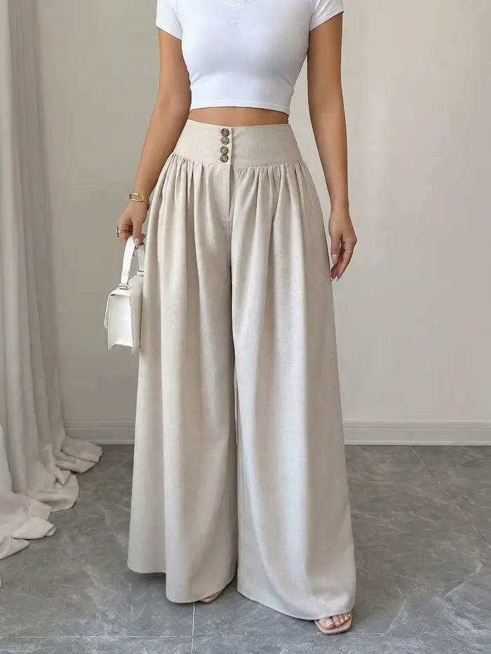 Pantalon large taille haute kaki pour femme avec détails boutonnés, plis sur le devant, coupe décont