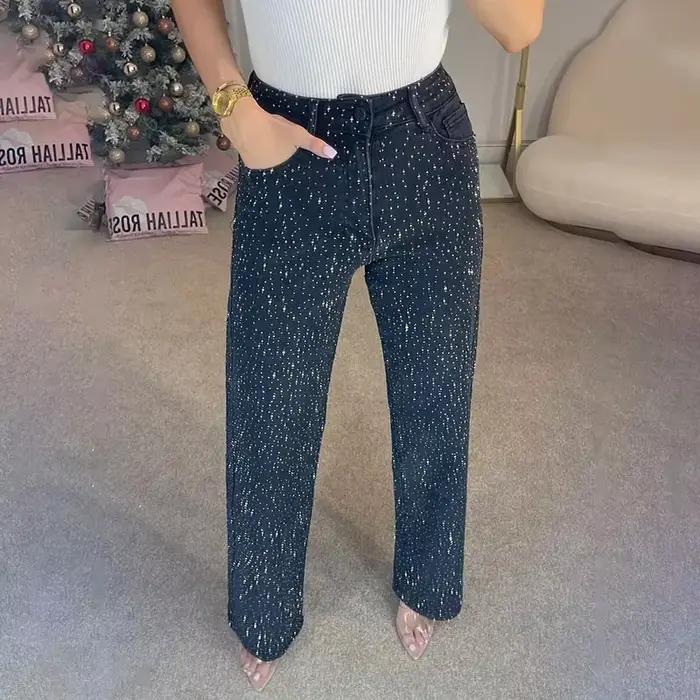 Pantalon en jean Y2K pour femme, coupe droite large, orné de strass brillants, style streetwear