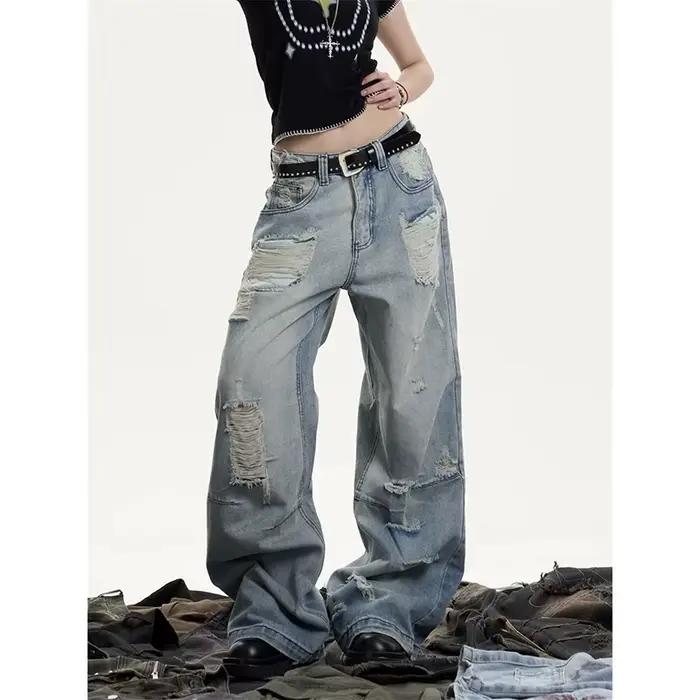 YIBASHU Jeans déchirés pour femmes, style vintage, streetwear, pantalon de cow-boy, Harajuku, denim
