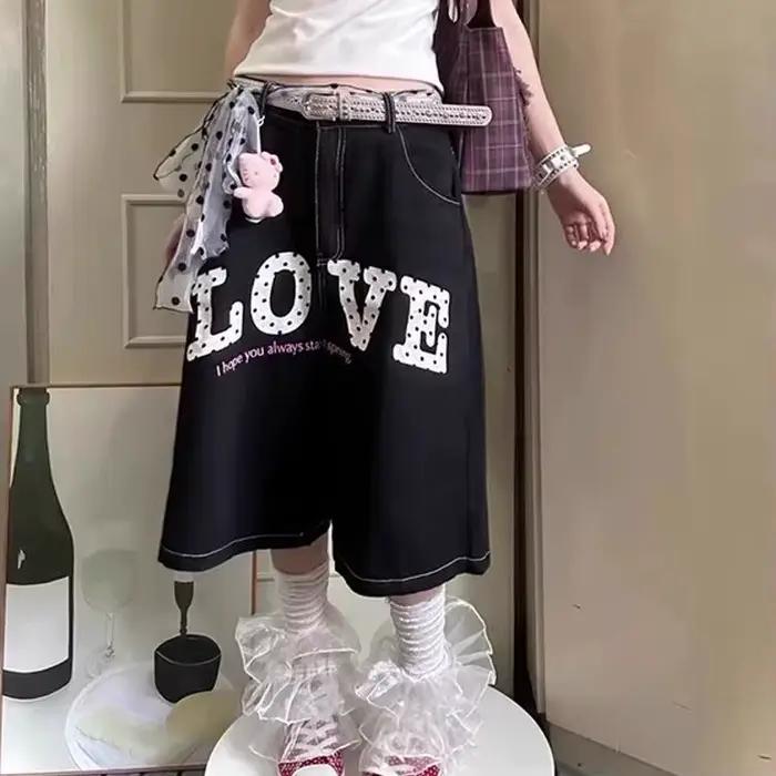 Nicemix lettre américaine imprimé Denim pantacourt pour les femmes été Streetwear taille haute ample