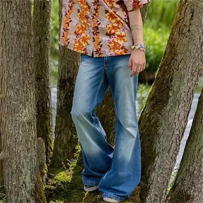 Jean évasé pour hommes, Style Punk, poches d'épissure brodées, grand pantalon bleu Vintage quatre sa