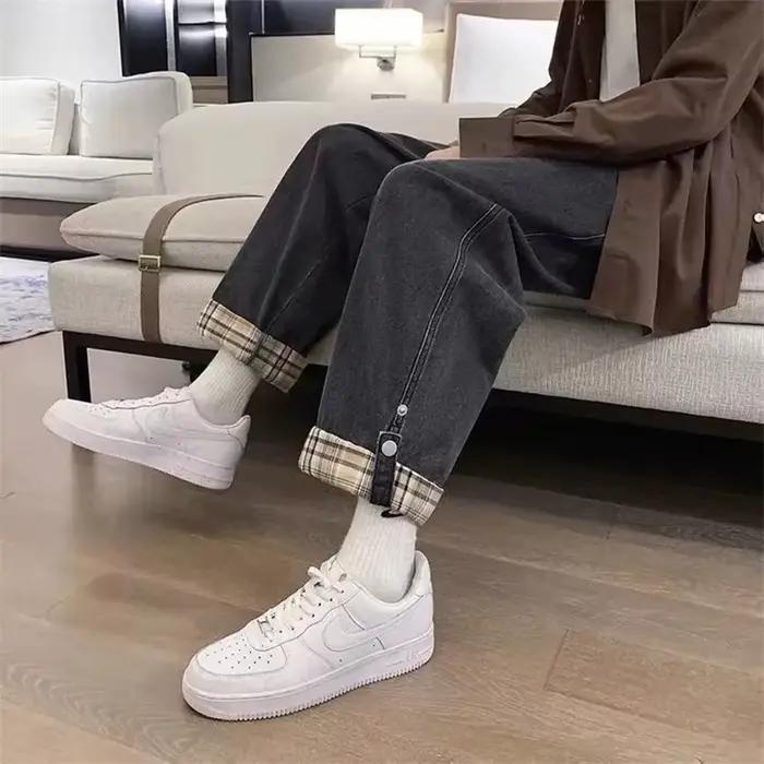 Jean à carreaux rabattable pour vêtements de rue printemps été 2025, nouveau pantalon ample à jambes
