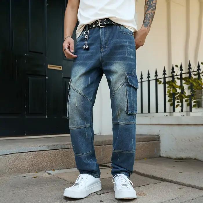 Streetwear tendance pour hommes : jean en denim de couleur foncée à jambe droite, non extensible, mu