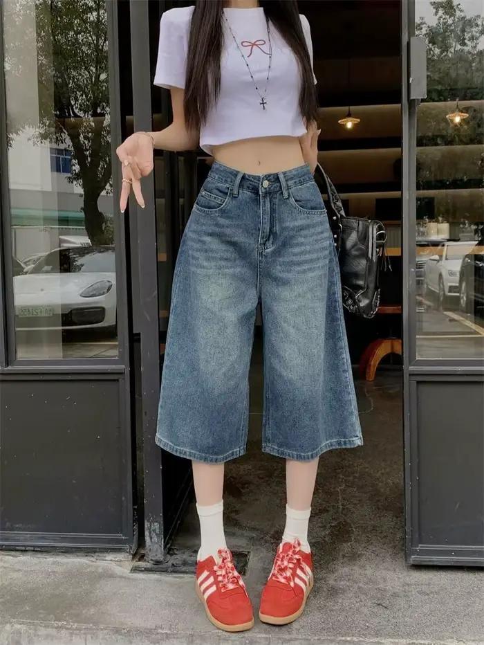 Shorts en jean vintage style américain Y2K pour femme, coupe ample, taille haute, délavage, longueur