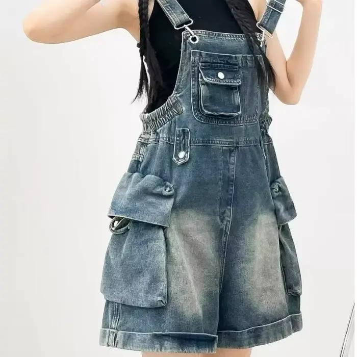 Salopette en jean vintage américaine pour femme, coupe large, style jeune, ajustée et décontractée,