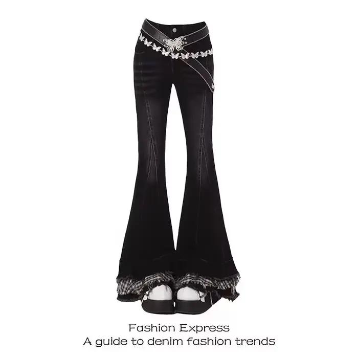 Jean Vintage Slim Micro-évasé pour femmes, pantalon Y2K à la mode avec bord de ceinture d'épissure,