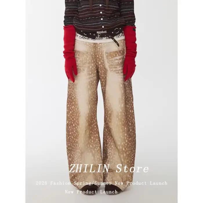 Pantalon en jean imprimé motif cerf, style américain, pour femme, sexy, rétro, avec coutures colorée