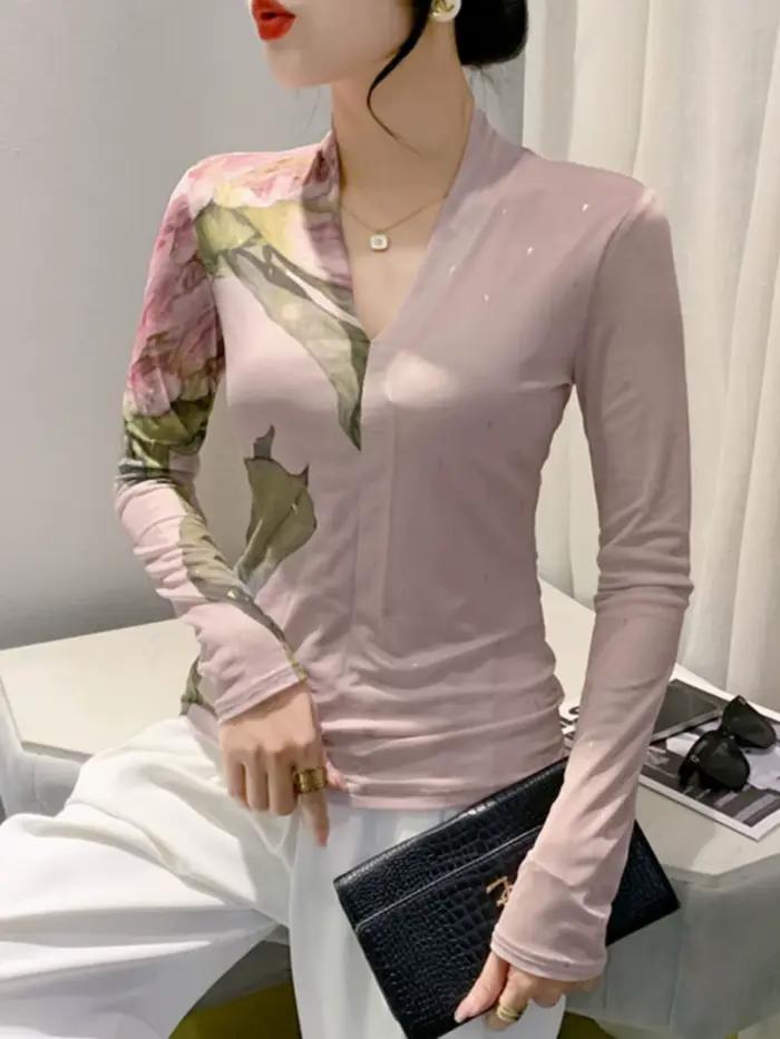 S-4XL Automne Mode Bronzant T-shirt Femmes Situé Impression De Grandes Fleurs Slim Économie Femme Ha