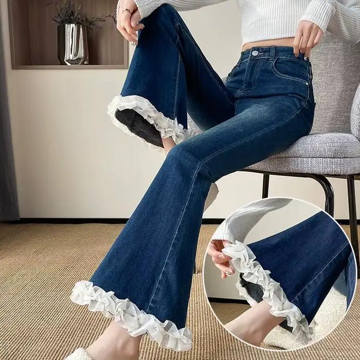 Jean en dentelle légèrement évasé pour femme, taille haute, coupe slim, nouvelle collection 2026, lo