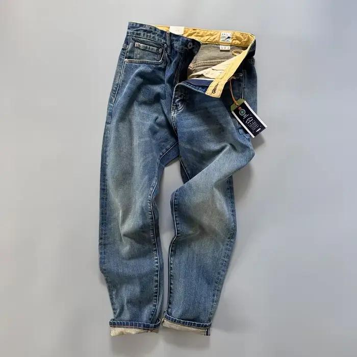 Jean en Denim à lisière lourde de 14oz pour hommes, pantalon droit conique élastique délavé, 97% cot