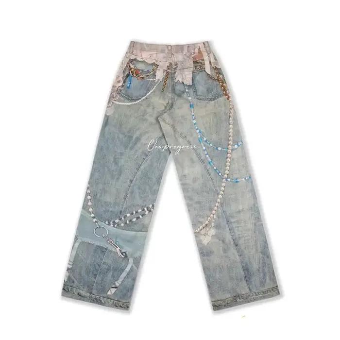 Jean ample pour femme printemps-automne, style Joker unique, avec dentelle, perles et impression tri