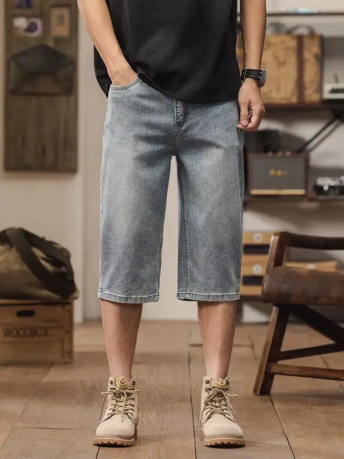 Jean court rétro américain pour hommes, jambes larges, gothique, délavé, ample, droit, décontracté,