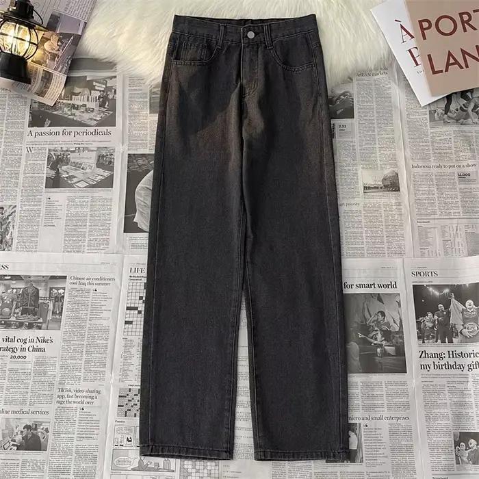 Jean décontracté simple pour homme, coupe droite ample, taille haute, fermeture éclair, en coton ext