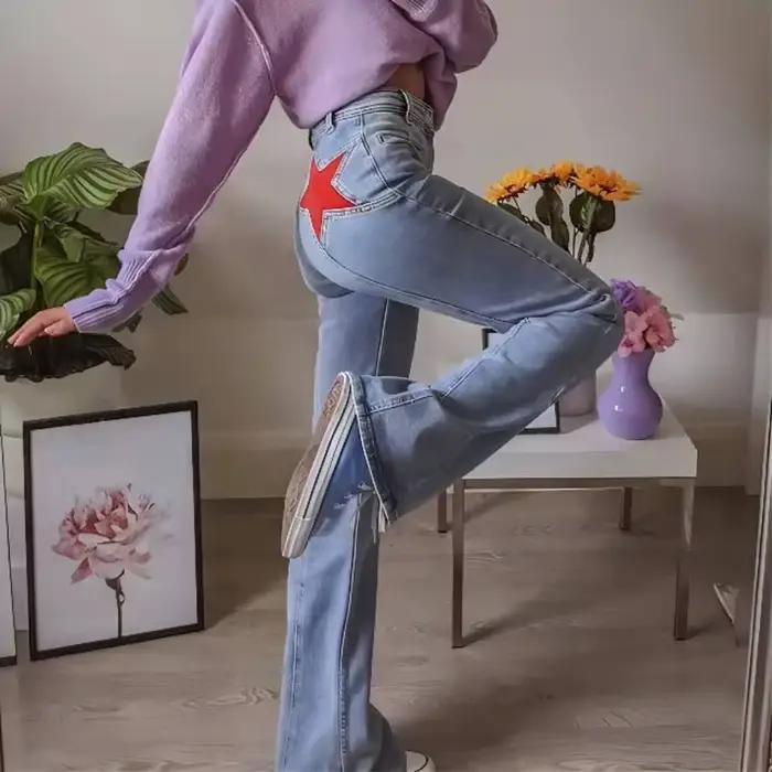 Jean taille haute imprimé étoiles Vintage pour femmes, pantalon Long en Denim esthétique Harajuku de