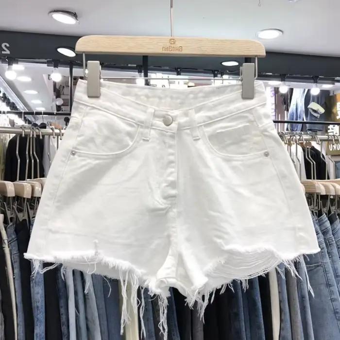 Shorts en jean extensibles tendance pour femme, déchirés avec franges, taille haute, polyvalents, ef