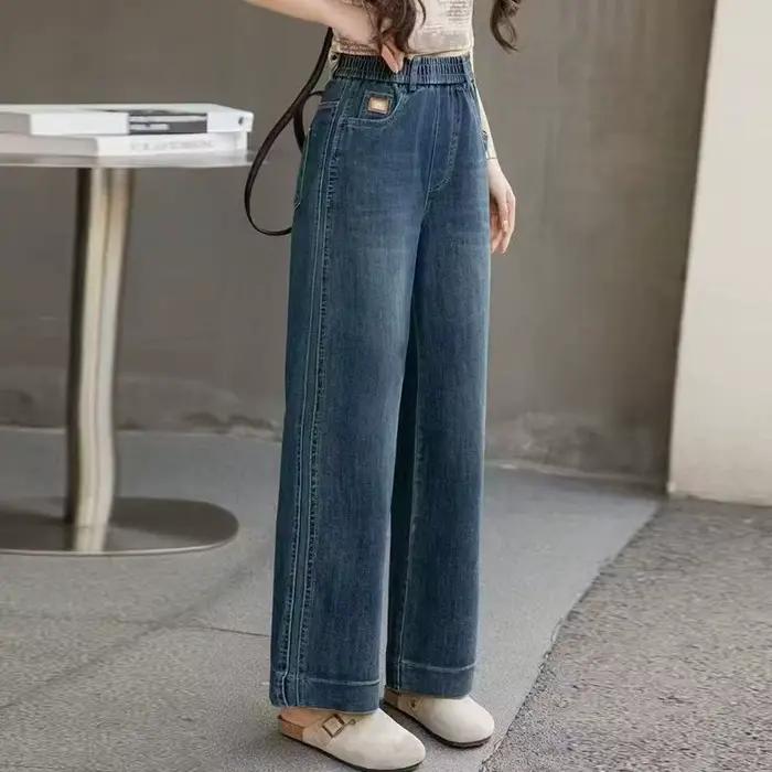 Jean élastique taille haute à jambes larges pour femmes, ample, droit, jambes larges, pour petites p