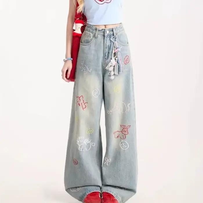 Jean pour femme Y2k pantalon rétro délavé Denim jambe droite pantalon à jambes larges dessin animé b