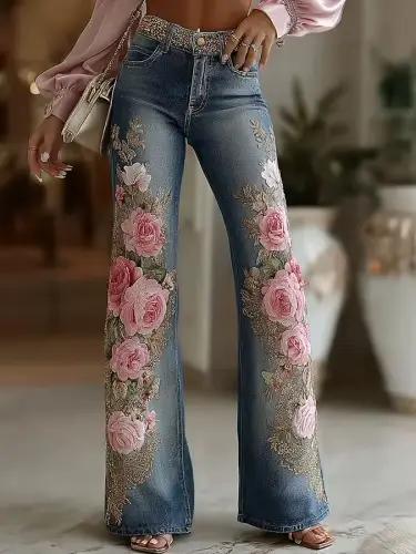 Mode et loisirs pour femmes 2025 Style rétro Rose broderie Art imprimé Imitation jean pantalon