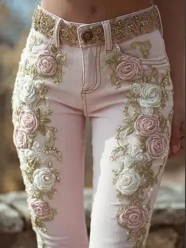 Pantalon femme 2025 jean rétro rose broderie art imprimé femme avec tempérament élégant