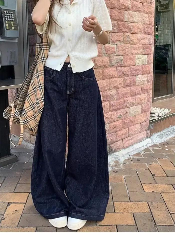 Jean ample bleu profond à jambes larges pour femmes, pantalon Baggy taille haute pour filles, pantal
