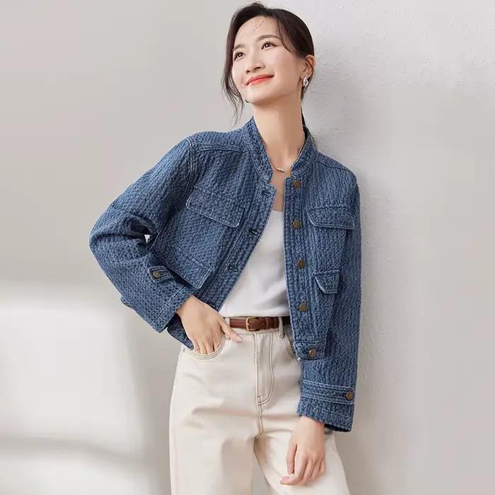 Sentrubila-Veste en Jean Jacquard à Manches sulfpour Femme, Haut Court à Col Montant, Nouvelle Mode