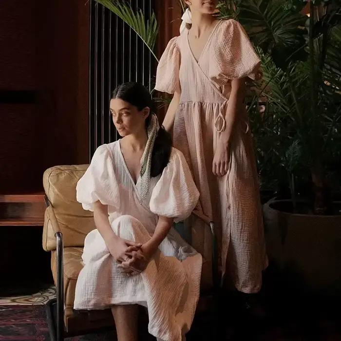 Robe longue en gaze de pansement rétro pour femmes, manches bouffantes à col en V, bandage à lacets,