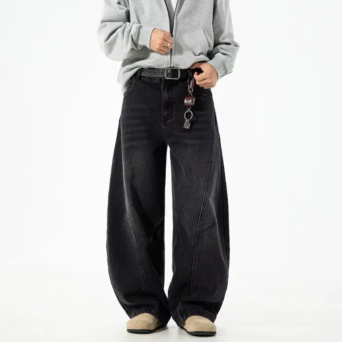 Jean incurvé en détresse délavé, rétro structuré, fendu, avec Silhouette pour hommes, pantalon ample