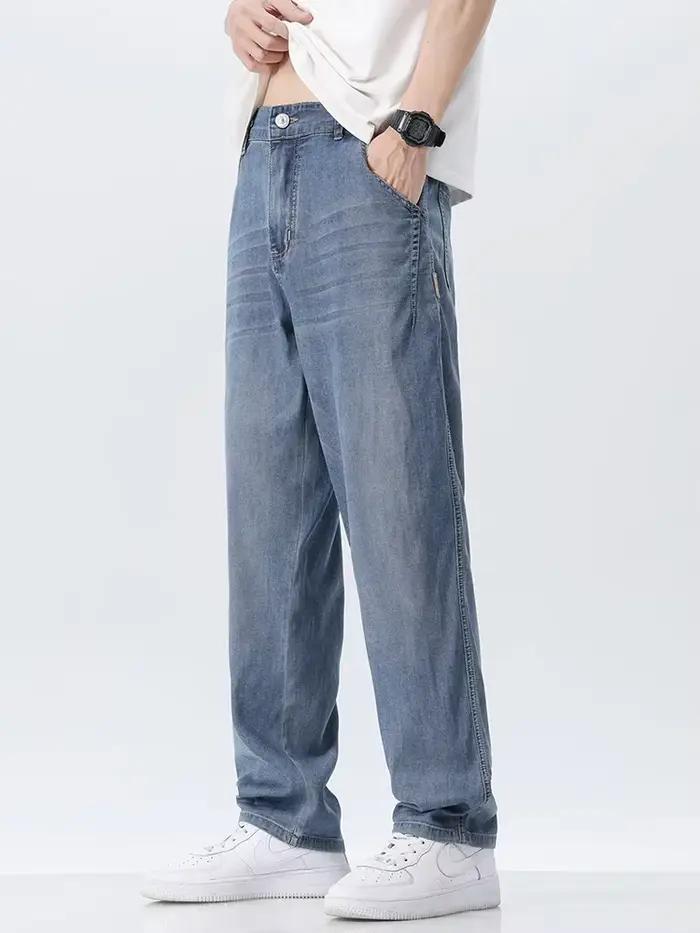Lyocell-Jean Droit et Doux pour Homme, Confortable, Jambes Larges, Décontracté, Bleu, Gris, Été 2024