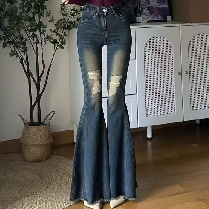 Jean en denim taille haute à pattes d'éléphant pour femme, pantalon long printemps-automne, style ré