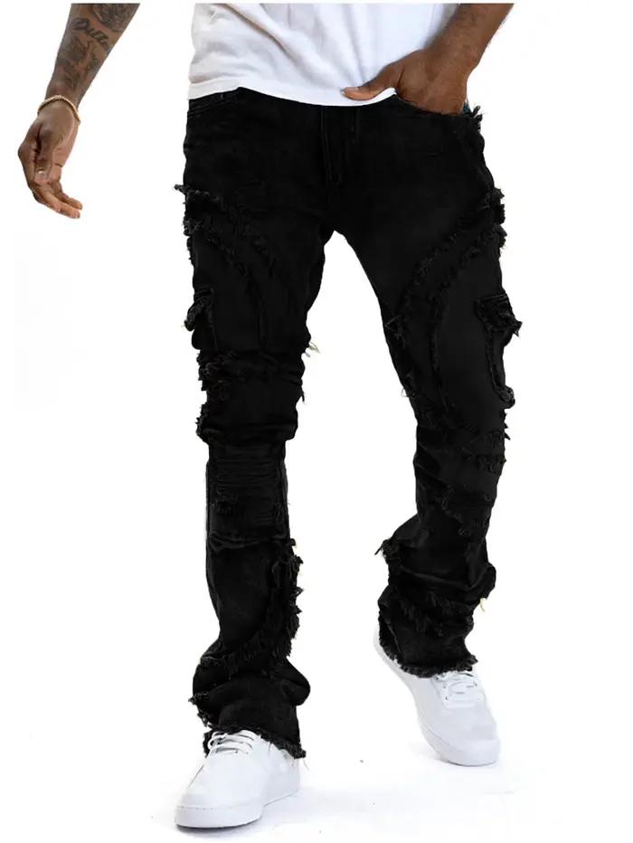 High Street Vintage hommes jean trou cassé gland Micro élastique pantalon évasé Streetwear à la mode