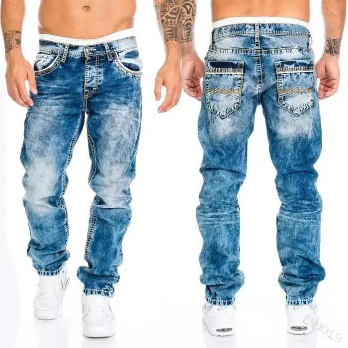 Jean Déchiré en Denim pour Homme, Pantalon Droit Crayon Délavé, Patchwork, Punk, Longueur de Rinçage